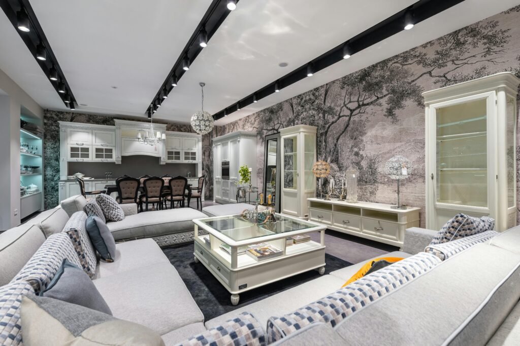 Spacious and stylish contemporary living room with luxurious decor and modern furnishings.